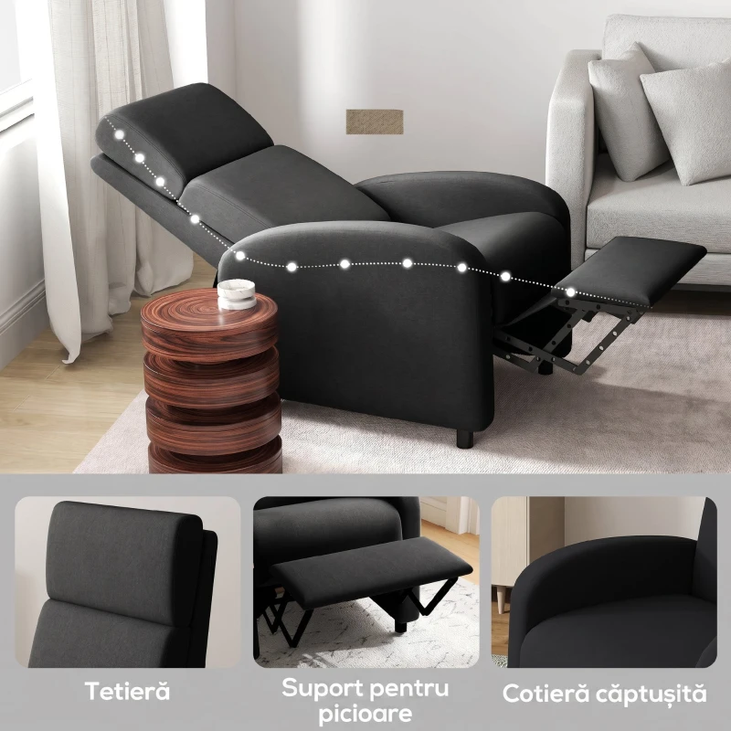 HOMCOM Fotoliu Relax Rabatabil Manual 160° cu Suport pentru Picioare, Fotoliu Ergonomic Tapițat cu Aspect de In pentru Dormitor, Birou, Living și Sufragerie, Negru