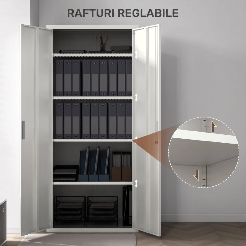 HOMCOM Dulap de birou cu 5 niveluri și 4 rafturi ajustabile, din oțel, 80x40x180 cm, alb