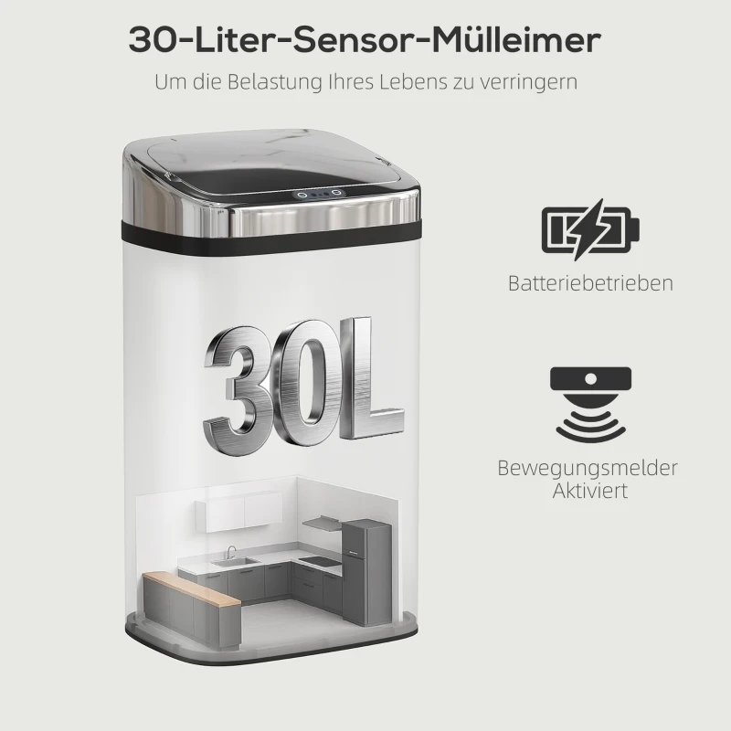 HOMCOM Sensor prullenbak 30 L automatische prullenbak met bewegingssensor voor kantoor, slaapkamer