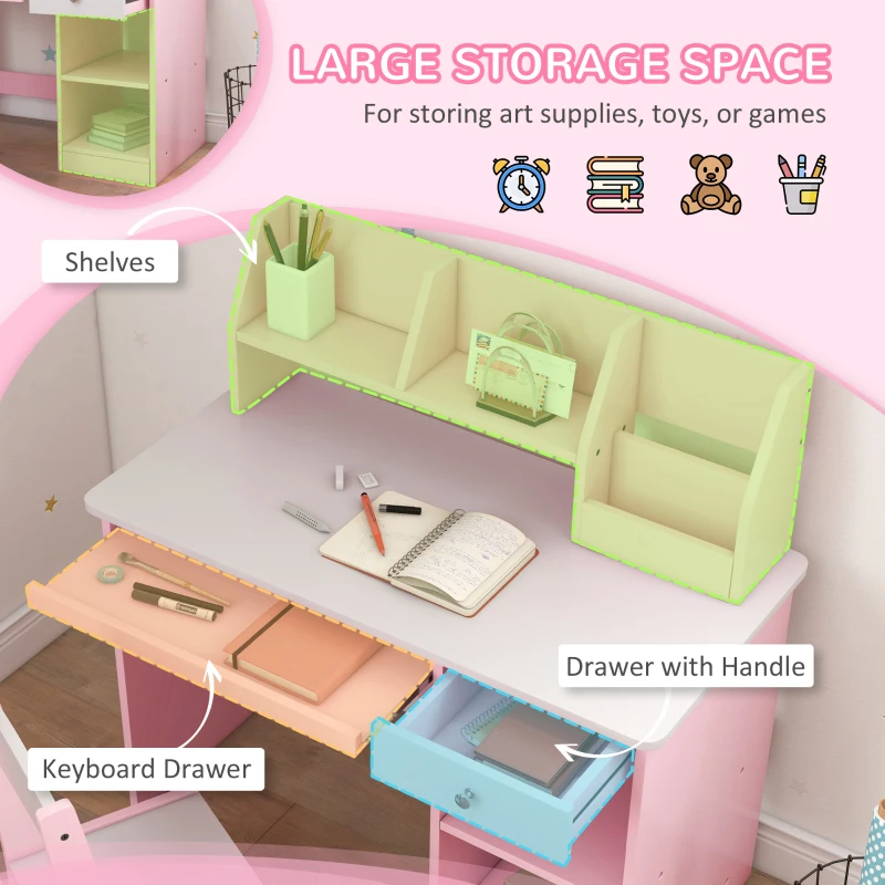 ZONEKIZ Escritorio y Silla para Niños con Almacenaje para Estudio Lectura y Juegos Mesa 90x45x90 cm y Silla 35x31,5x65 cm Rosa