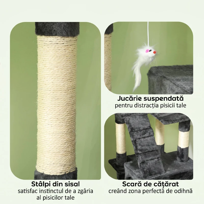 PawHut Pom pentru pisici cu 3 platforme, 2 căsuțe și jucării suspendate, din lemn și pluș, 49x49x173 cm, gri
