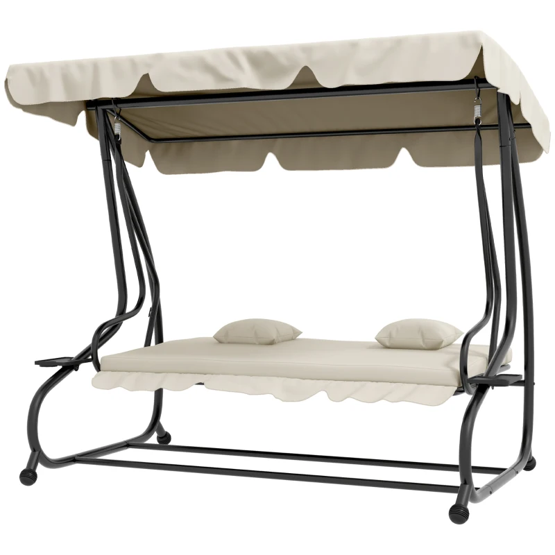 Outsunny 2-in-1 Tuinschommel met Ligfunctie, Verstelbaar Dak, tot 340 kg, Staal, 200x120x164 cm, Crèmewit