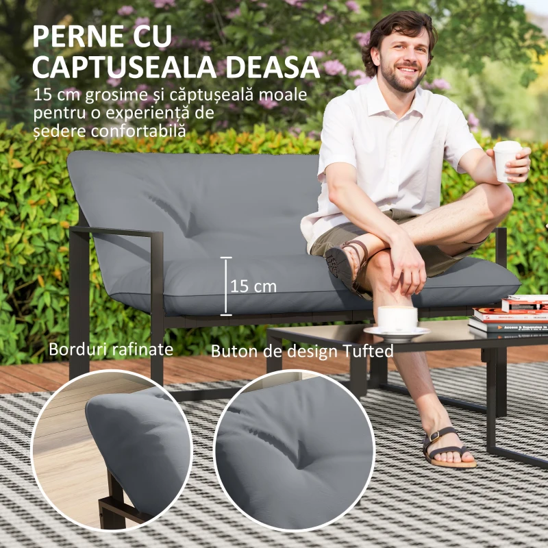 Outsunny Set de Grădină 4 Piese cu Canapea, 2 Fotolii și Măsuță, din Oțel, Poliester și Bumbac PP, Negru și Gri