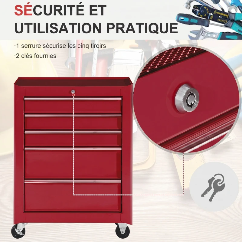 HOMCOM Chariot à outils sur roulettes, Servante d'atelier en acier 5 tiroirs verrouillable 2 clés, 61,5 x 33 x 82,5 cm, rouge