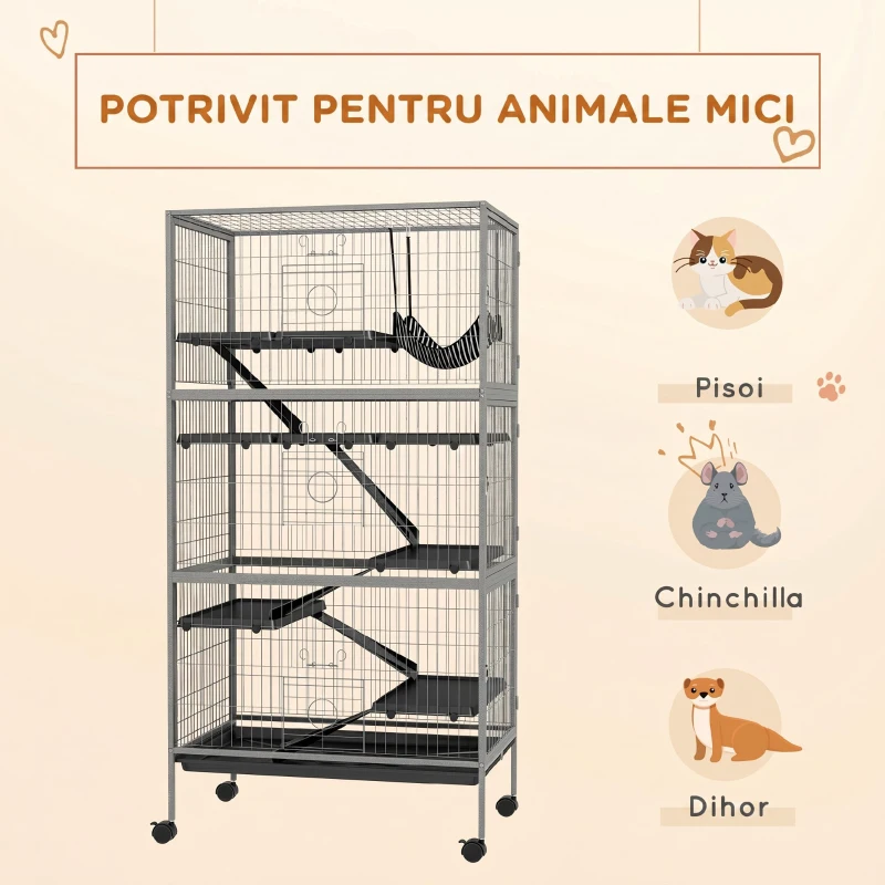 PawHut Cușcă pentru Iepuri cu 4 Intrări pe Niveluri Multiple cu Hamac, din Oțel și PP, 80x52x159 cm