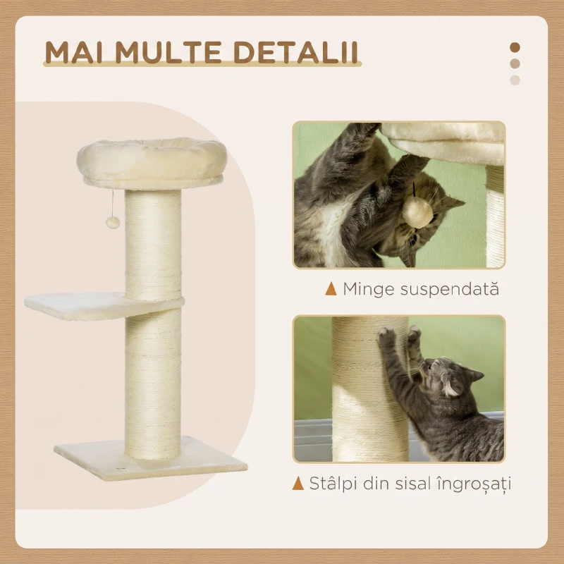 PawHut Ansamblu de Zgâriat pentru Pisici Multinivel cu Stâlp Sisal și Platformă, PAL, Pluș, 48,5x48,5x105 cm, Bej