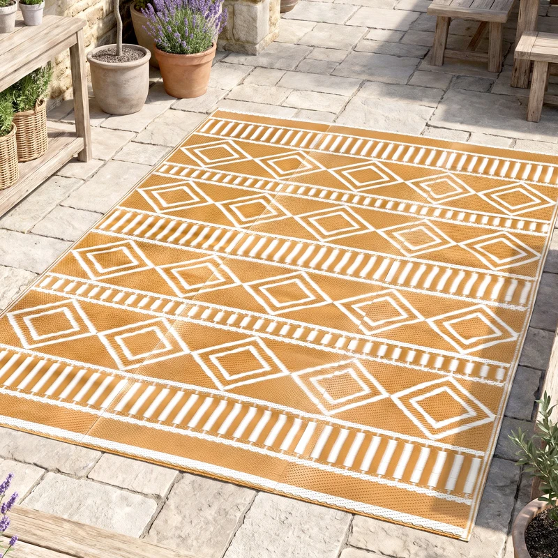 Outsunny Tapis d'extérieur réversible imperméable motifs géométriques pour jardin, terrasse, balcon - dim. 121L x 182l