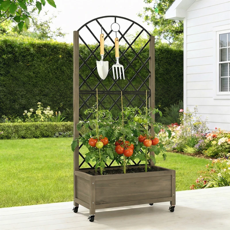 Outsunny Raised Garden Bed with Metal Trellis, Wooden Elevated Planter Box w/Lockable Wheels, Outdoor Raised Planter, Carbonised