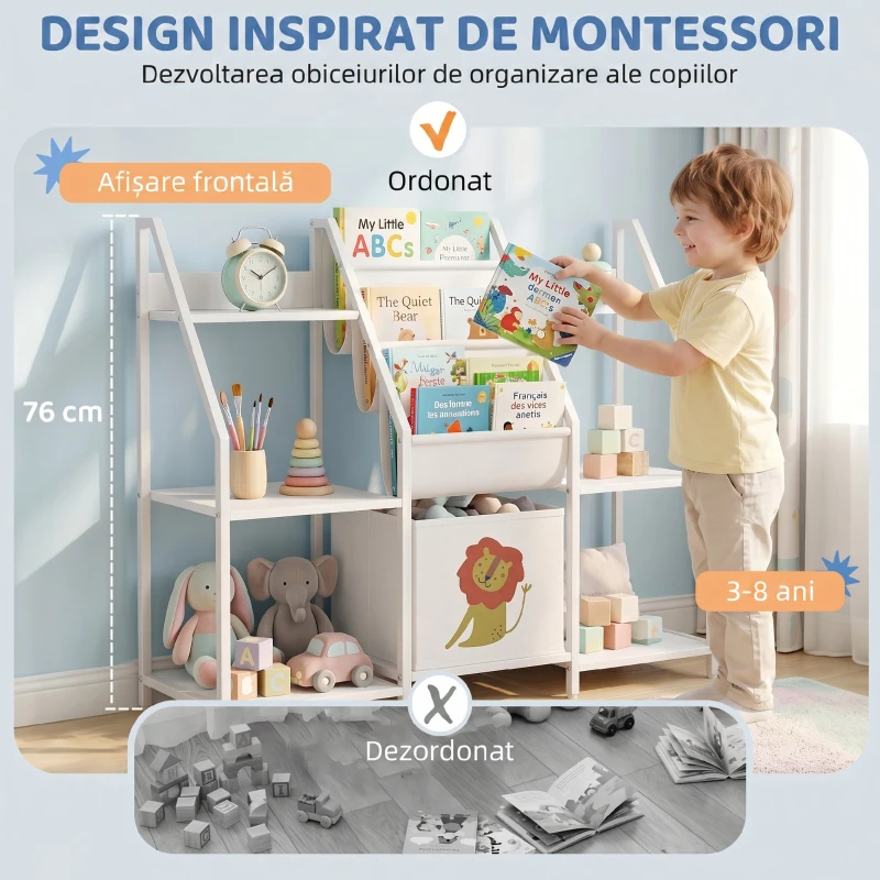 AIYAPLAY Bibliotecă și Organizator de Jucării pentru Copii, Metal, PAL, 93 x 30 x 76 cm, Alb