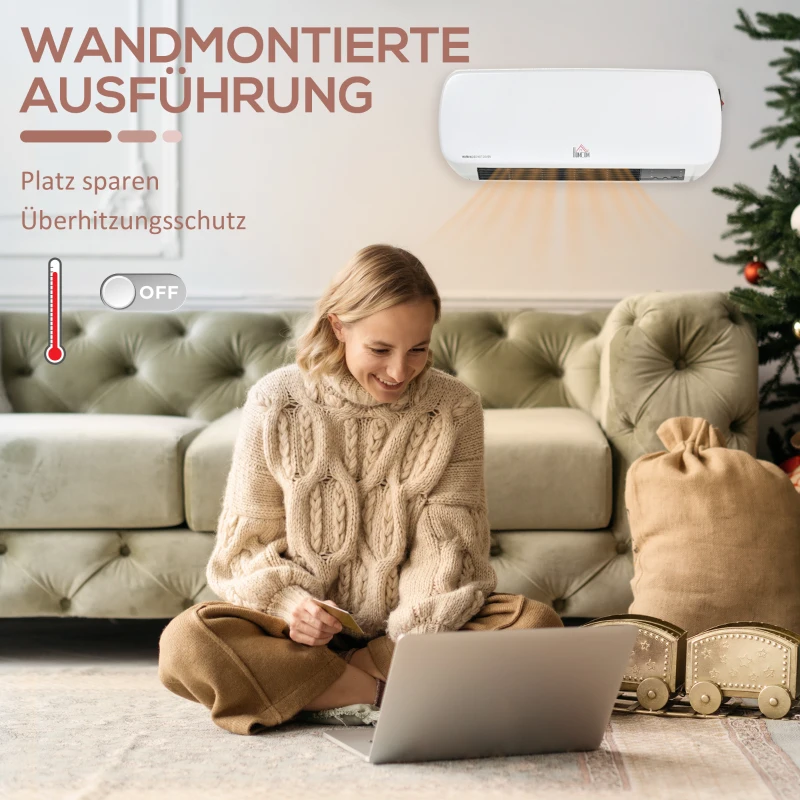 HOMCOM Heizlüfter zur Wandmontage 2000W mit Fernbedienung 2 Heizmodus LED-Display 12h Timer für Badezimmer