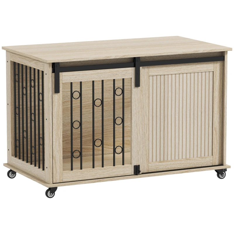 PawHut Jaula para Perros Medianos y Grandes Mesa Auxiliar Moderna con 2 Puertas y Cierre 100x56x65 cm Roble