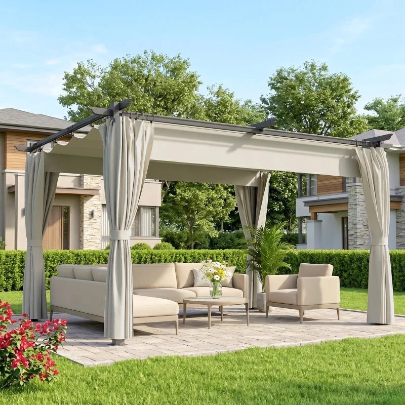 Outsunny Pérgola con Techo Retráctil 4x3 m Cenador con Paredes Laterales Anti-UV Resistente al Agua para Jardín Patio Crema