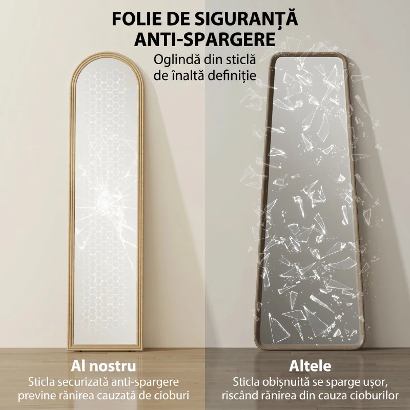 HOMCOM Oglindă de Podea și Perete Full Body cu Suport, Efect de Piatră și Formă Arcuită, 40x160 cm, Bej