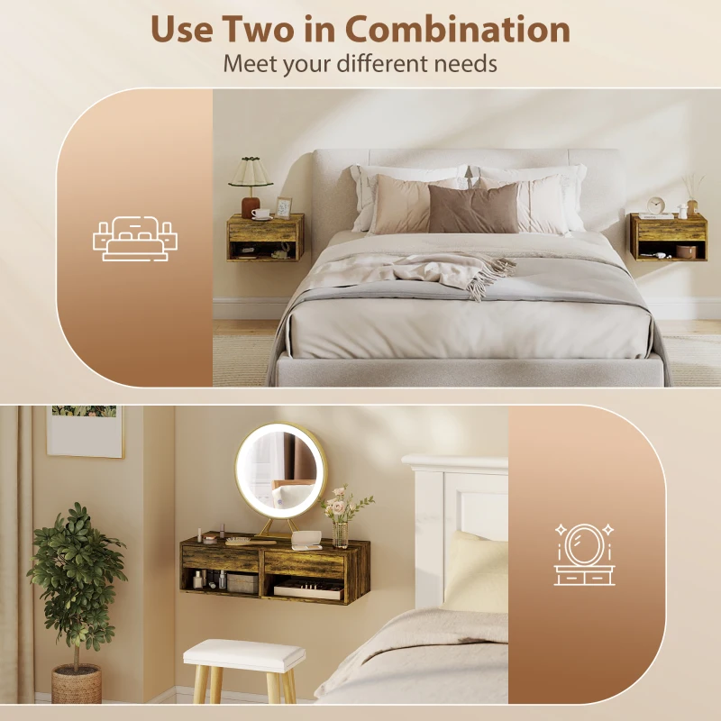 HOMCOM Wall Mounted Nightstands, Floating Bedside Tables Set of 2 with Drawer and Open Shelf for Bedroom, Rustic Brown