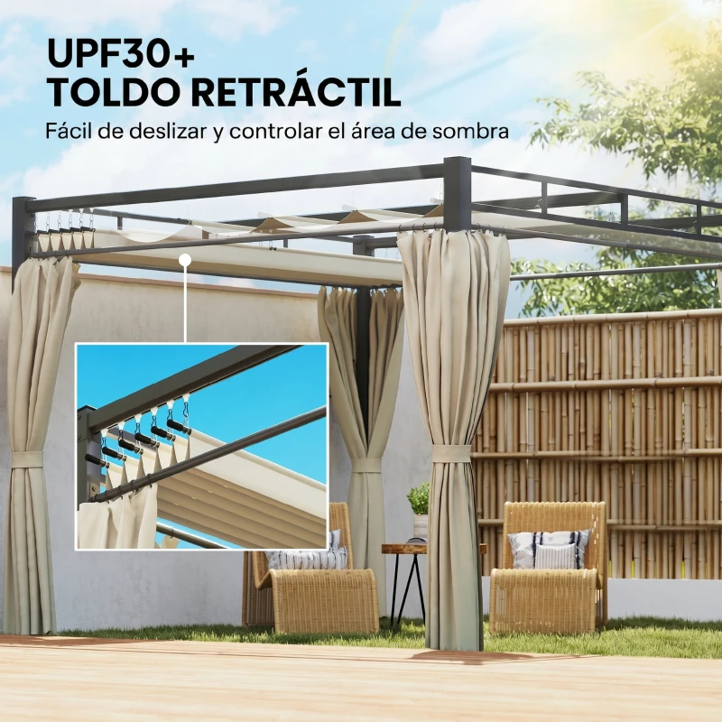 Outsunny Pérgola de Jardín 3x3 m con Techo Retráctil y Cortinas Protección UV30+ Estructura Metálica para Patio Terraza Beige