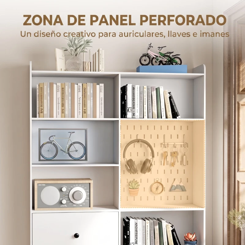 HOMCOM Estantería para Libros Alta y Estrecha con Panel Perforado 2 Cajones 8 Compartimentos Abiertos 120x30x200 cm Blanco