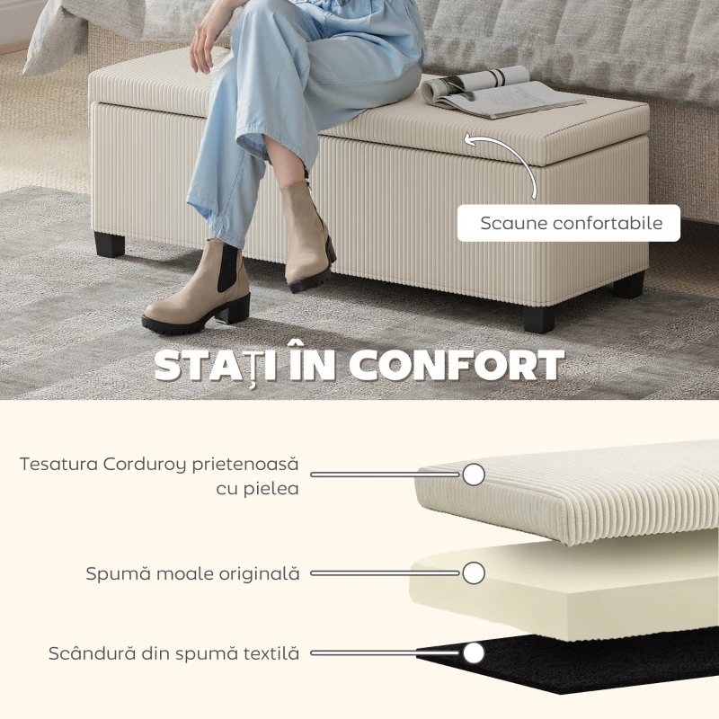 HOMCOM Bancă pentru Capătul Patului cu Spațiu de Depozitare de 84L, din Țesătură cu Aspect de Catifea și Oțel, 112x42x40 cm, Bej