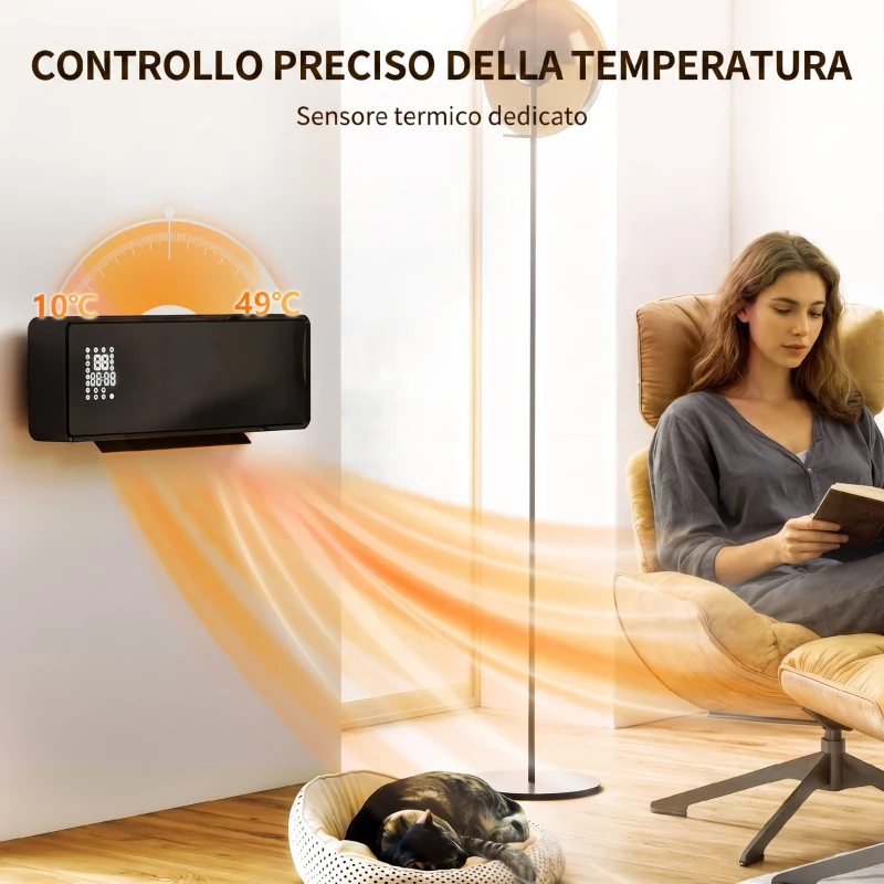 HOMCOM Stufa Ceramica 2000W a Parete con 3 Modalità, Temperatura Regolabile, Timer, Telecomando, Blocco Bambini, Nero