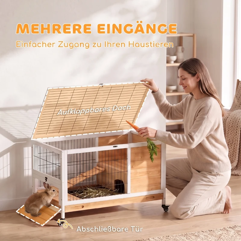 PawHut Kaninchenstall aus Holz Hasenstall mit 2 Etagen Klappdach Rädern Zwei Eingängen Rampe Ausziehbarem Tablett 90x53x59cm