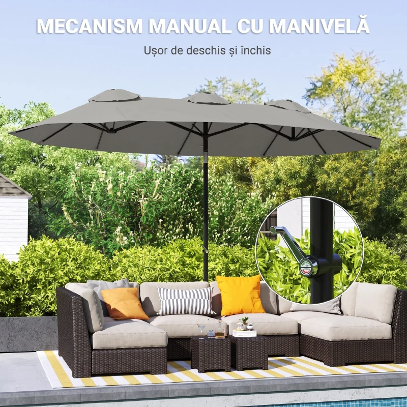 Outsunny Umbrelă dublă înclinabilă la 45° cu manivelă și orificii de aerisire, din oțel și poliester, 285x147x227 cm, gri