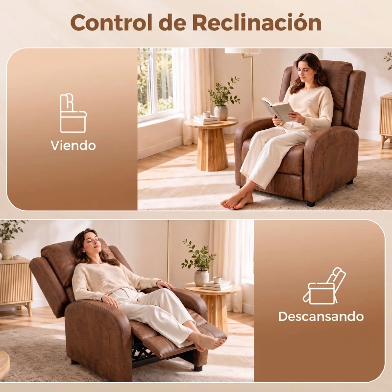 HOMCOM Sillón Relax Reclinable Manual Tapizado en Cuero Sintético Instalación Rápida Reposapiés Acolchado Grueso Marrón
