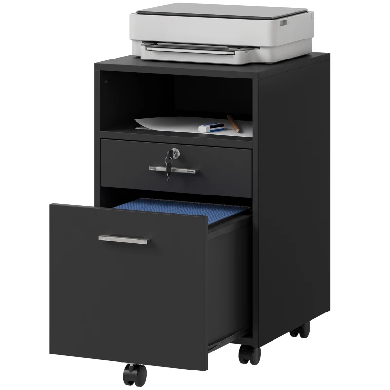 Vinsetto Armário de Escritório com Rodízios, 2 Gavetas, uma Gaveta Trancável, 5 Rodízios, Preto, 40 x 40 x 65 cm