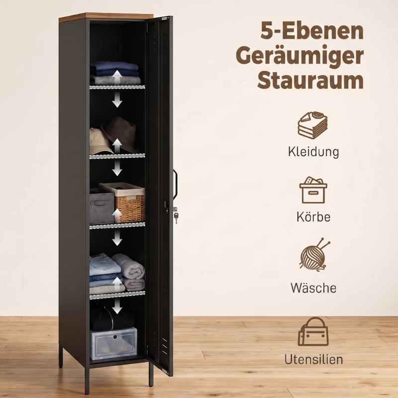 HOMCOM Metallschrank, Industrieller Kleiderschrank mit verstellbaren Böden für Schlafzimmer, Garage und Büro, Schwarz