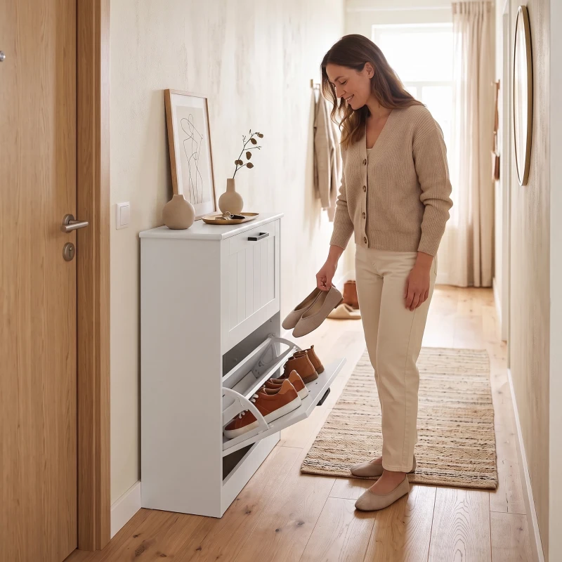 HOMCOM Sapateira Estreita com 2 Gavetas Basculantes Moderno com Prateleiras Ajustáveis para 10 Pares Branco