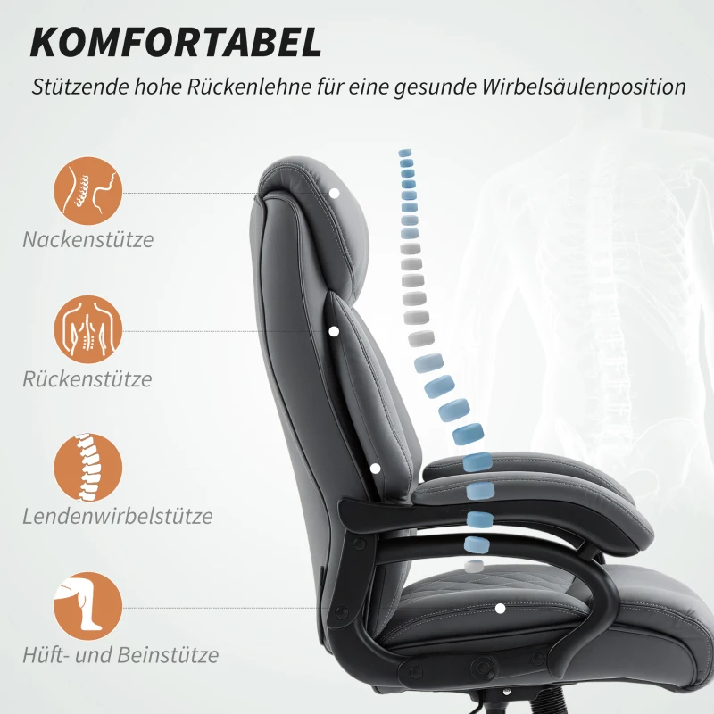 HOMCOM Chefsessel, 150 kg belastbarer Big and Tall Bürostuhl aus PU-Leder mit Federpolsterung, Anthrazitgrau