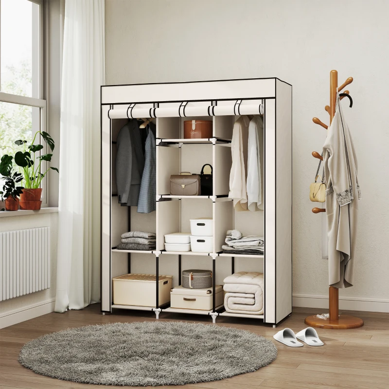 HOMCOM Dulap Textil cu 8 Rafturi și 2 Bare, Economisitor de Spațiu pentru Dormitor, 125x43x162,5 cm, Gri Deschis
