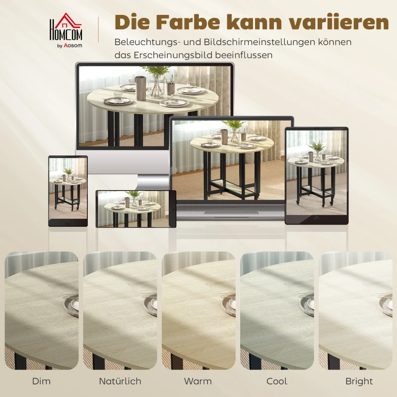 HOMCOM Klaptafel, Tafel met inklapfunctie en open opbergrek, Verrijdbare keukentafel voor eetkamer, kleine ruimtes, Naturel