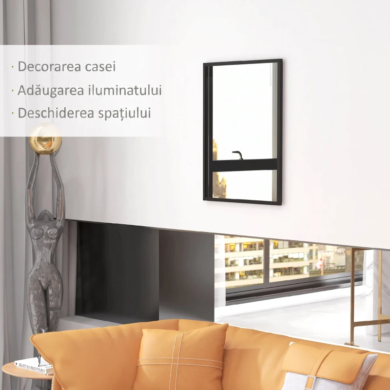 HOMCOM Oglindă de Perete Dreptunghiulară cu Agățători, din Sticlă și MDF, 60x80 cm, Neagră