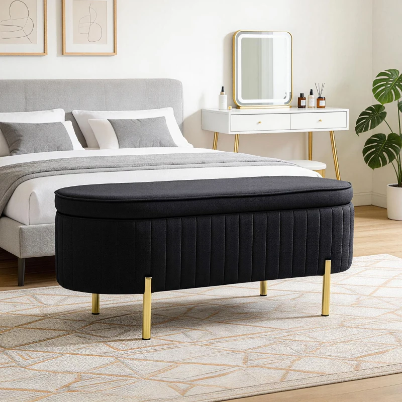 HOMCOM Bancă de Depozitare Ovală 72L cu Capac Rabatabil, din Catifea și Lemn, 108 x 44 x 43,5 cm, Negru