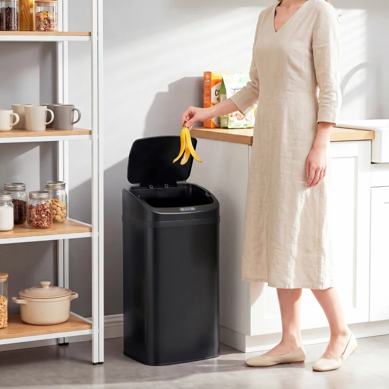 HOMCOM 48 L Sensor-Mülleimer für Küche oder Büro, automatische Schließ-Funktion, Edelstahl, Schwarz