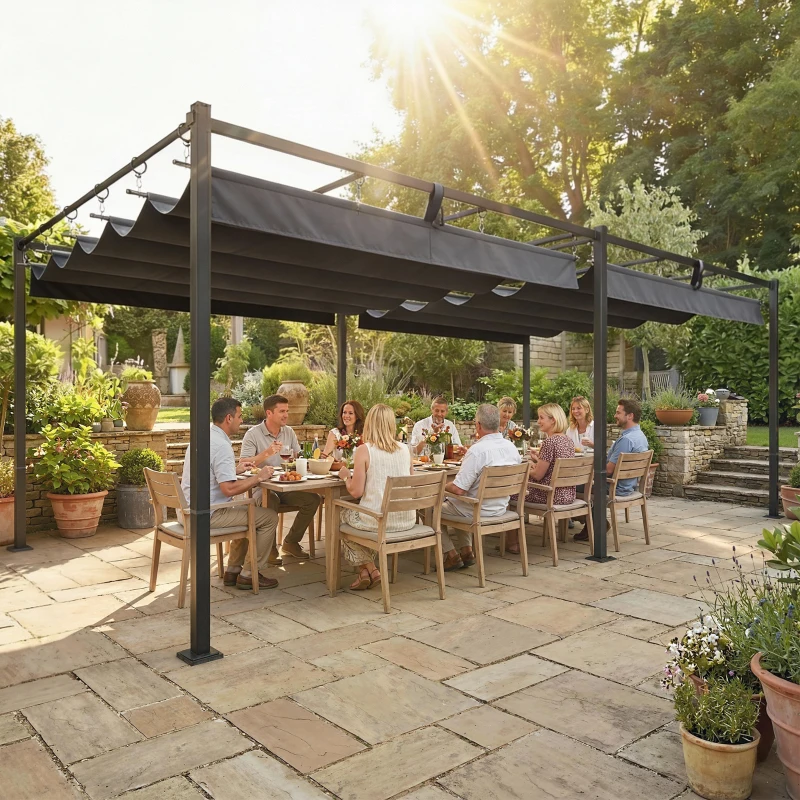 Outsunny Pérgola de Jardín 6x3 m con Techo Retráctil Protección UPF50+ Drenaje Cenador de Jardín para Patio Exterior Gris Oscuro