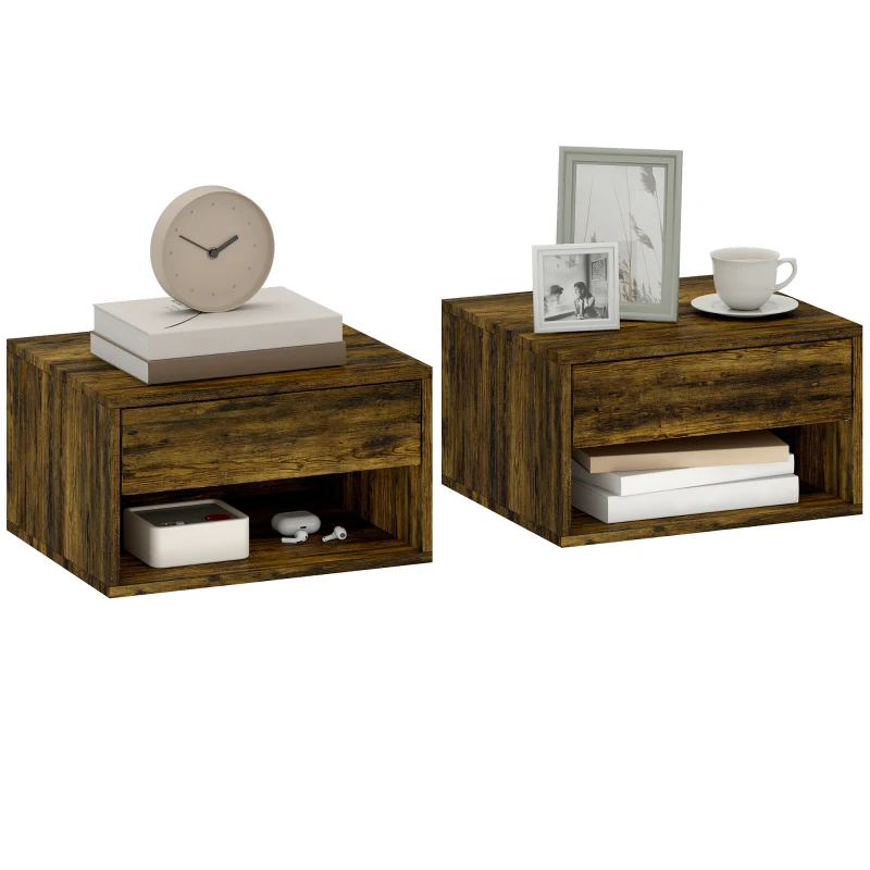 HOMCOM Wall Mounted Nightstands, Floating Bedside Tables Set of 2 with Drawer and Open Shelf for Bedroom, Rustic Brown