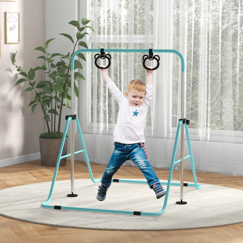 HOMCOM Bară Gimnastică Artistică pentru Copii Reglabilă pe Înălțime cu 2 Inele, din Oțel, Verde Deschis
