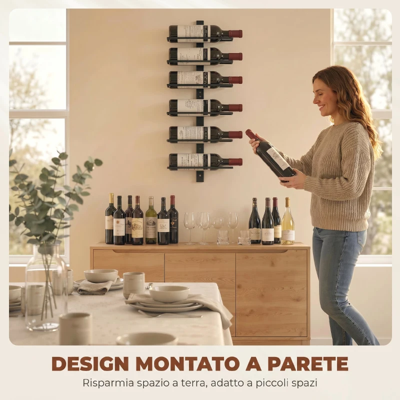 HOMCOM Portabottiglie da Parete in Acciaio per 6 Bottiglie di Vino, Cucina e Sala, 27x10x71 cm, Nero