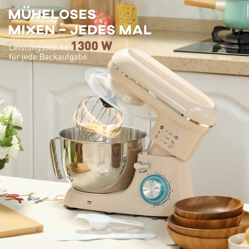 HOMCOM Küchenmaschine Knetmaschine mit 4,5L Edelstahlschüssel 1300W Teigmaschine mit 6+P Geschwindigkeit Beige