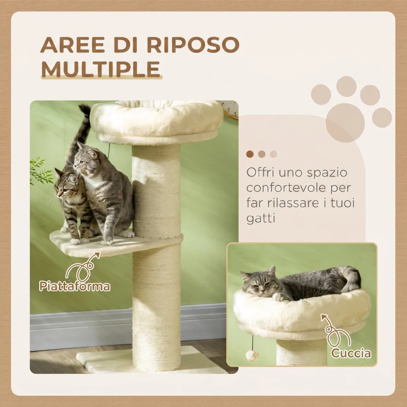 PawHut Tiragraffi per Gatti Alto 105 cm con Palo Graffiatoio in Sisal, Cestino, Pallina Sospesa, in Peluche, Beige