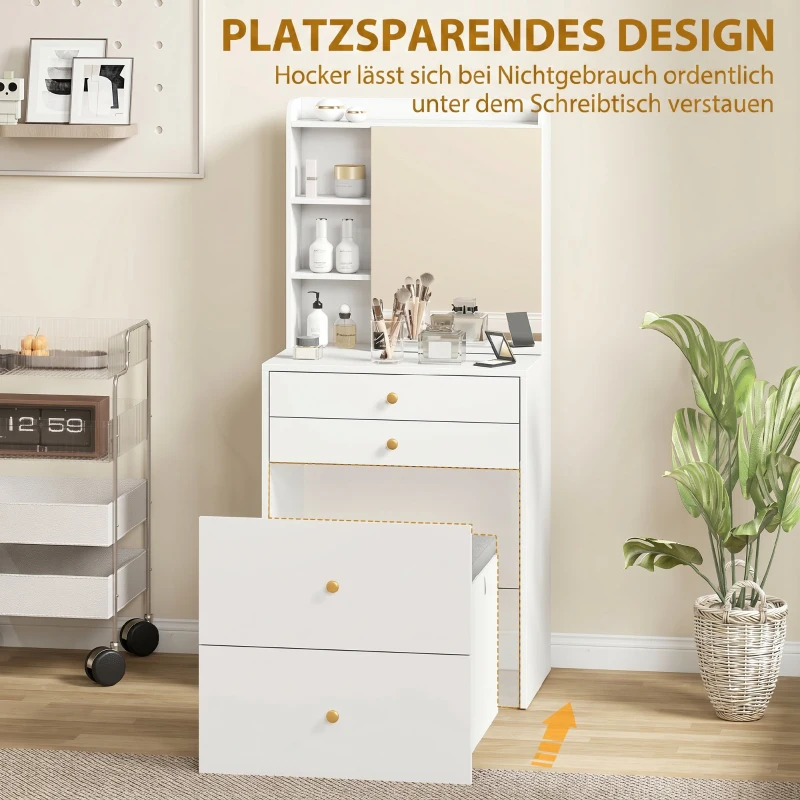 HOMCOM Schminktisch mit Spiegel und gepolstertem Hocker, kompakter Frisiertisch mit Schrank, Schubladen und offenen Ablagen, Weiß