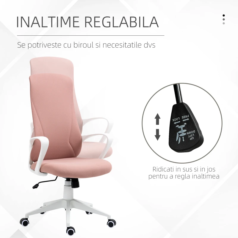 Vinsetto Scaun de birou ergonomic și tapițat, cu înălțime reglabilă și balansare, 62x56x110-119,5 cm, roz