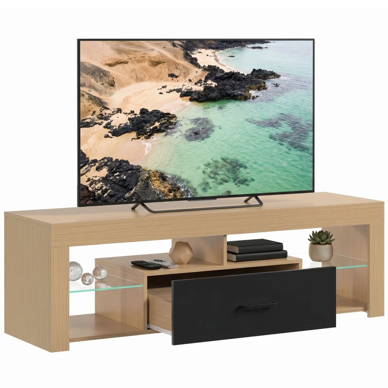 HOMCOM TV-Lowboard für Fernseher bis 65 Zoll, moderner TV-Schrank mit verstellbaren Glasböden, Eiche