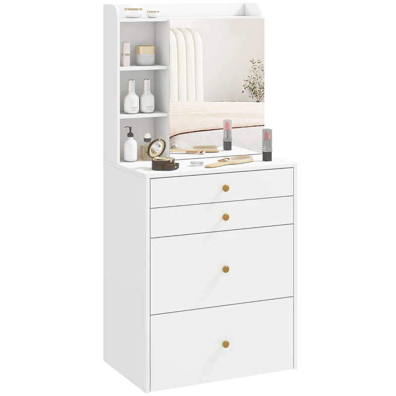 HOMCOM Kaptafel met spiegel en gevoerde kruk, compacte make-uptafel met kast, lades en open planken, wit
