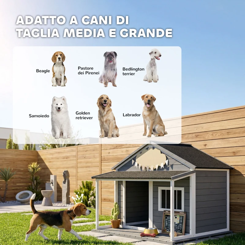 PawHut Cuccia per Cani da Esterno con Terrazza, Finestra e Tetto Impermeabile, 124x112x105cm, Grigio