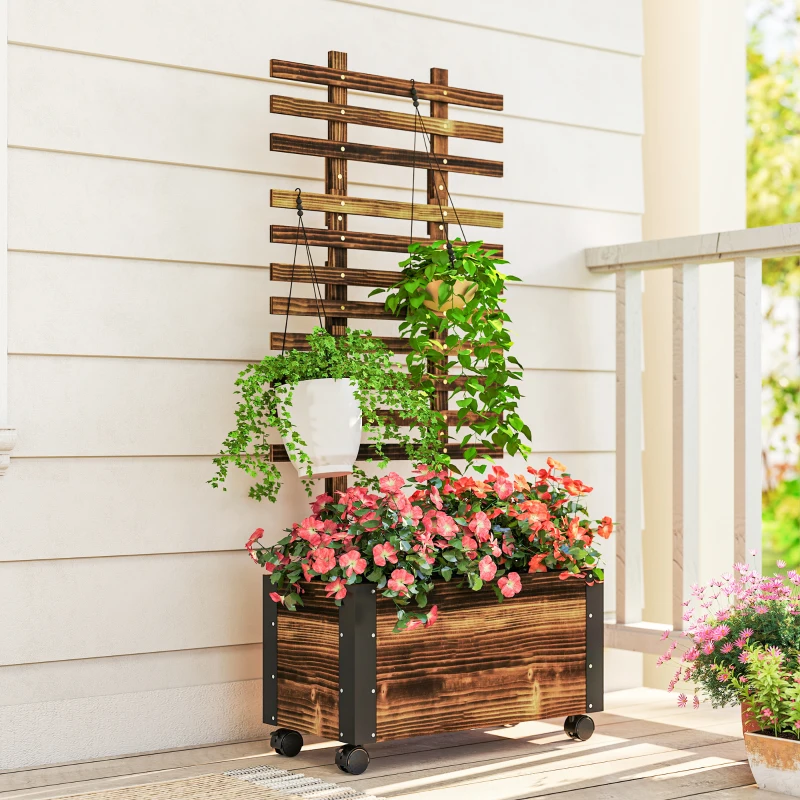 Outsunny Jardinieră cu spalier pentru plante cățărătoare și roți, din lemn de brad, 65x31x147 cm, maro