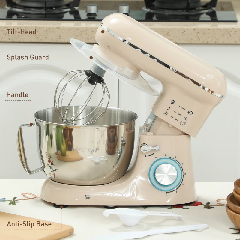 HOMCOM Robot pâtissier 1300 W, robot pétrin professionnel 4,5 L, bol d'acier inoxydable, 6+P vitesses et pulse, beige
