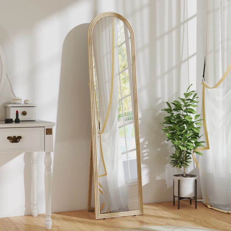 HOMCOM Oglindă de Podea și Perete Full Body cu Suport, Efect de Piatră și Formă Arcuită, 40x160 cm, Bej