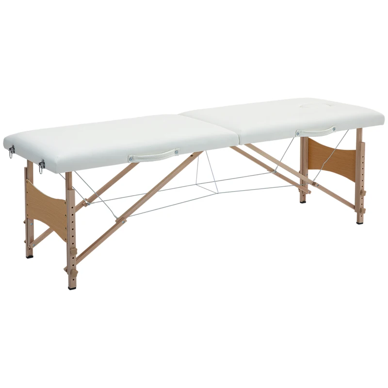 HOMCOM Mobile Massageliege 2 Zonen Klappbar Höhenverstellbar Massagetisch 60 cm Breit mit Tragetasche Holzfüßen Cremeweiß