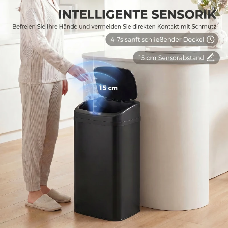 HOMCOM 48 L Sensor-Mülleimer für Küche oder Büro, automatische Schließ-Funktion, Edelstahl, Schwarz